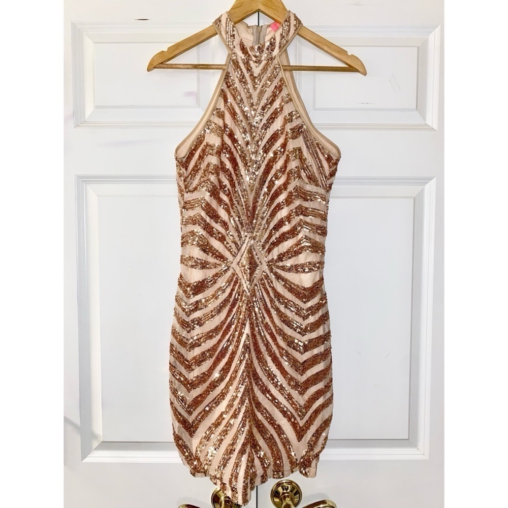 Rose Gold Sequin Halter Dress EUC Size Medium - Picture 2 of 12
